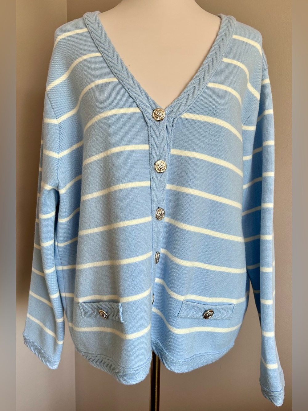 NWT - Maison d’Amelie Striped Viscose Blend Cardigan in Light Blue & Ivory